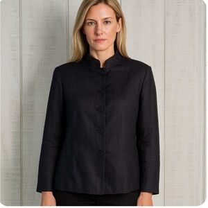 Vtg Talbots Linen Blazer Jacket Shacket Size 12 Petite Button Up Black‎ Corpcore